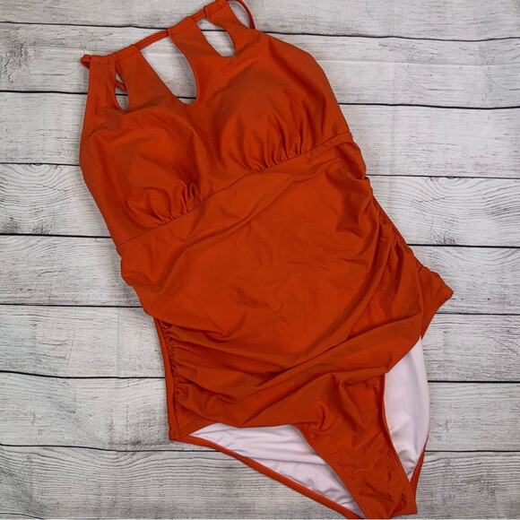 Cupshe NWT Orange One Piece Swimsuit High Neck, Tummy Control, Tie Back Large - Picture 1 of 7